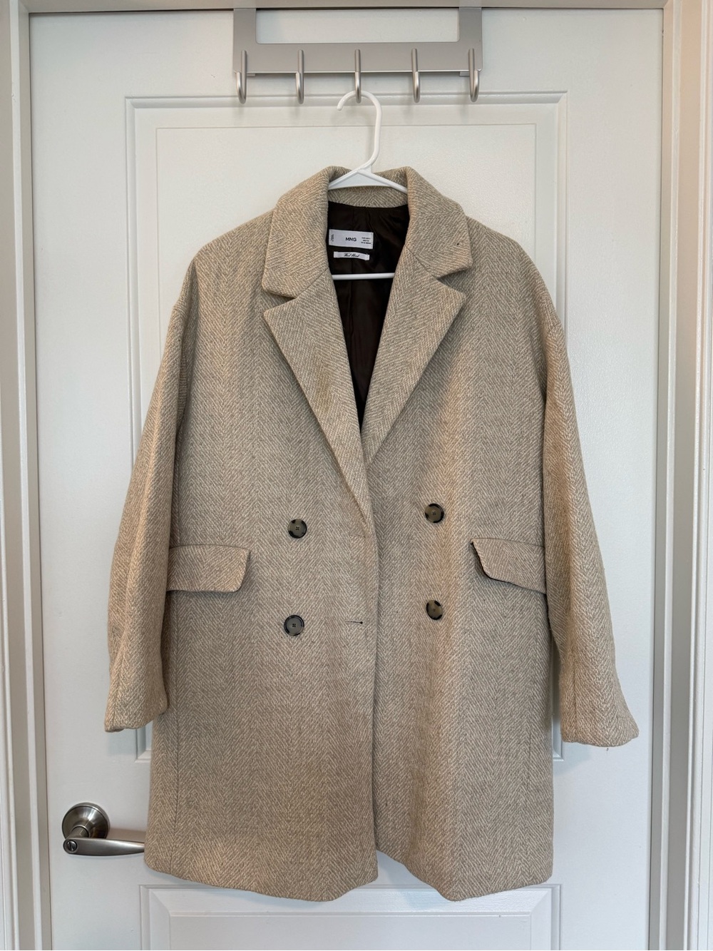 Mango Neutral Beige Herringbone Double-Breasted Pea Coat